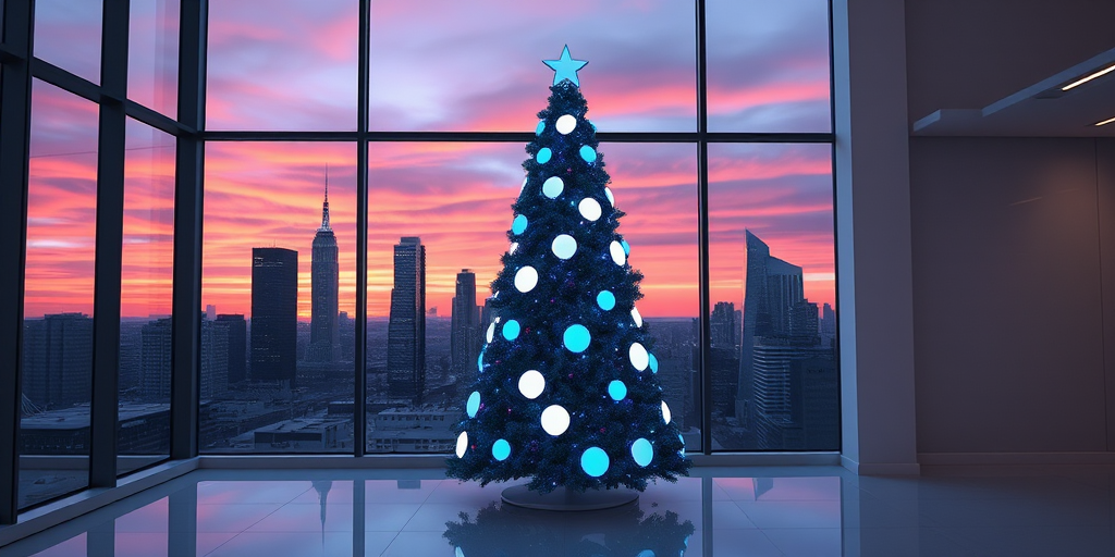 Create an image of a modern Christmas tree design featuring a sleek, minimalist style. The tree should be adorned with large, glowing blue and white circular lights. Position the tree in a contemporary room with large windows showcasing a city skyline at sunset, highlighting a vibrant orange and purple sky. The interior should have a clean, elegant aesthetic with a touch of holiday spirit.