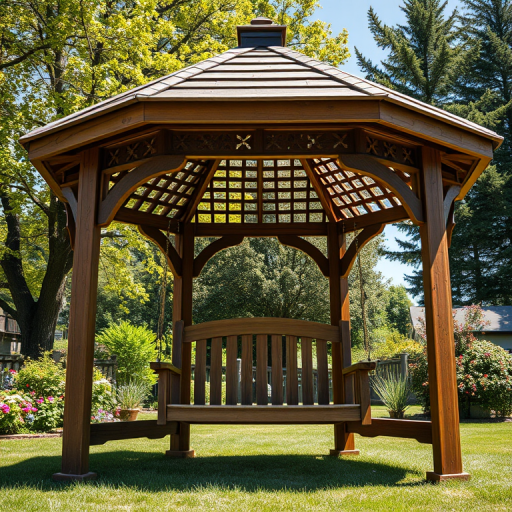 regenerate a wooden garden swing gazebo in a sunny outdoor setting, focus on the intricate lattice design and the wooden swing, DSLR camera, aperture f/4, shutter speed 1/200s, ISO 100, 35mm lens, shot from a low angle to emphasize the structure and create depth