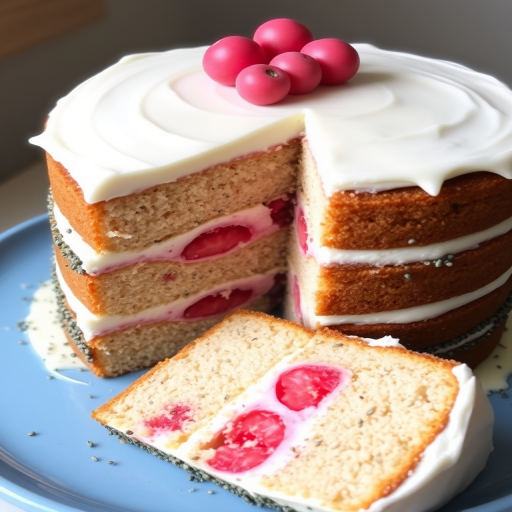 A beautifully layered cake with poppy seeds and a pink fruit filling between the layers, topped with a smooth white frosting, showing a slice with a clean cut revealing the texture and colors inside, placed on a blue plate.