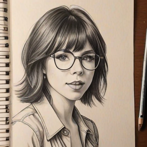 Lovely Carly Rae Jepsen, pencil sketch, portrait of Gorgeous woman 1978s in glasses, hair style beatnik, outline, clear lines, fine lines, 8k