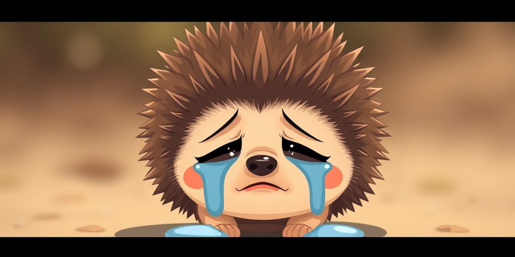 Create an illustration of a crying hedgehog with tears streaming down its face, portrayed in a cute and expressive style, captured with a 50mm lens, f/2.8 aperture, 1/200 sec shutter speed, with a soft focus background using a DSLR camera.
