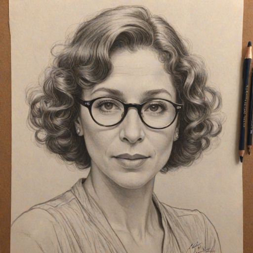 Stunning Rhea Perlman, pencil sketch, portrait of Dazzling woman 1933s in glasses, hair style beatnik, outline, clear lines, fine lines, 8k