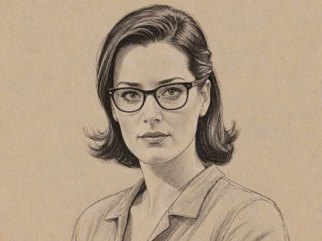 Appealing Paget Brewster, pencil sketch, portrait of Pleasing woman 1961s in glasses, hair style beatnik, outline, clear lines, fine lines, 8k
