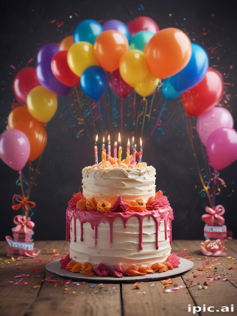 Colorful Birthday Celebration with a Beautiful Cake and Festive Balloons
