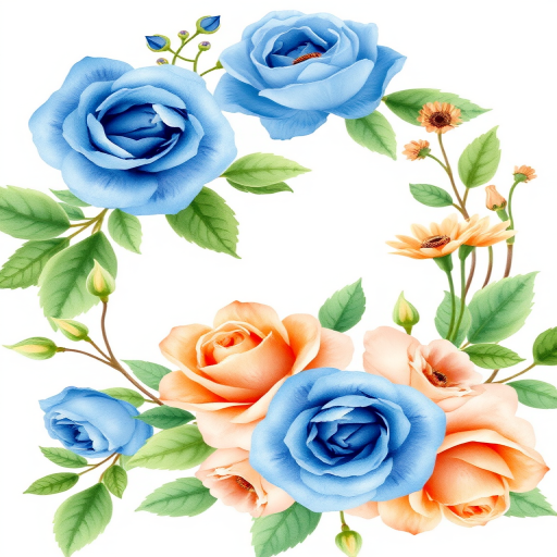 Create a high-resolution digital watercolor illustration of floral wreaths featuring blue roses and peach-colored flowers with green leaves, using a Canon EOS R5 camera with a 50mm f/1.2 lens, aperture set to f/4, ISO 100, and natural soft lighting for enhanced color vibrancy and detail.