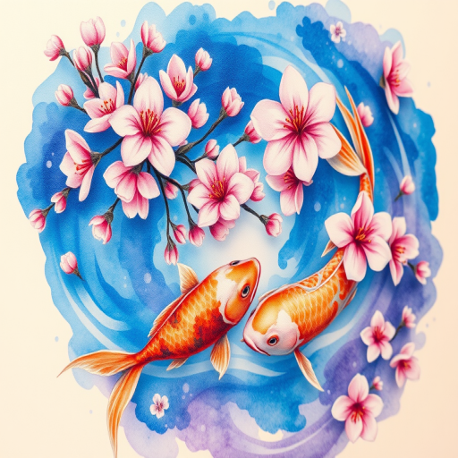 Vibrant watercolor tattoo named "Floral Symphony" featuring delicate cherry blossoms and koi fish swimming through swirling blue and purple hues creating an ethereal underwater garden scene