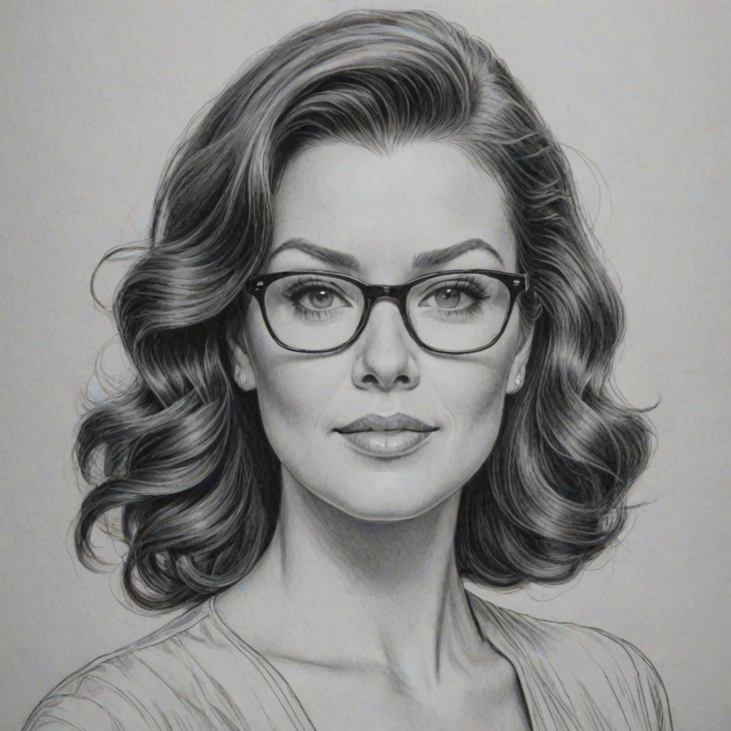 Alluring Bellamy Young, pencil sketch, portrait of Beauteous woman 1942s in glasses, hair style beatnik, outline, clear lines, fine lines, 8k