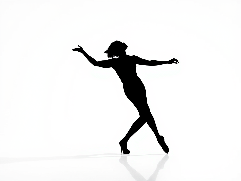 Generate a high-resolution image of a stylized black silhouette of a dancing figure on a plain white background using a DSLR camera with a 50mm lens, aperture set to f/1.8, ISO 100, shot at eye level in a portrait orientation for sharp focus and depth of field.