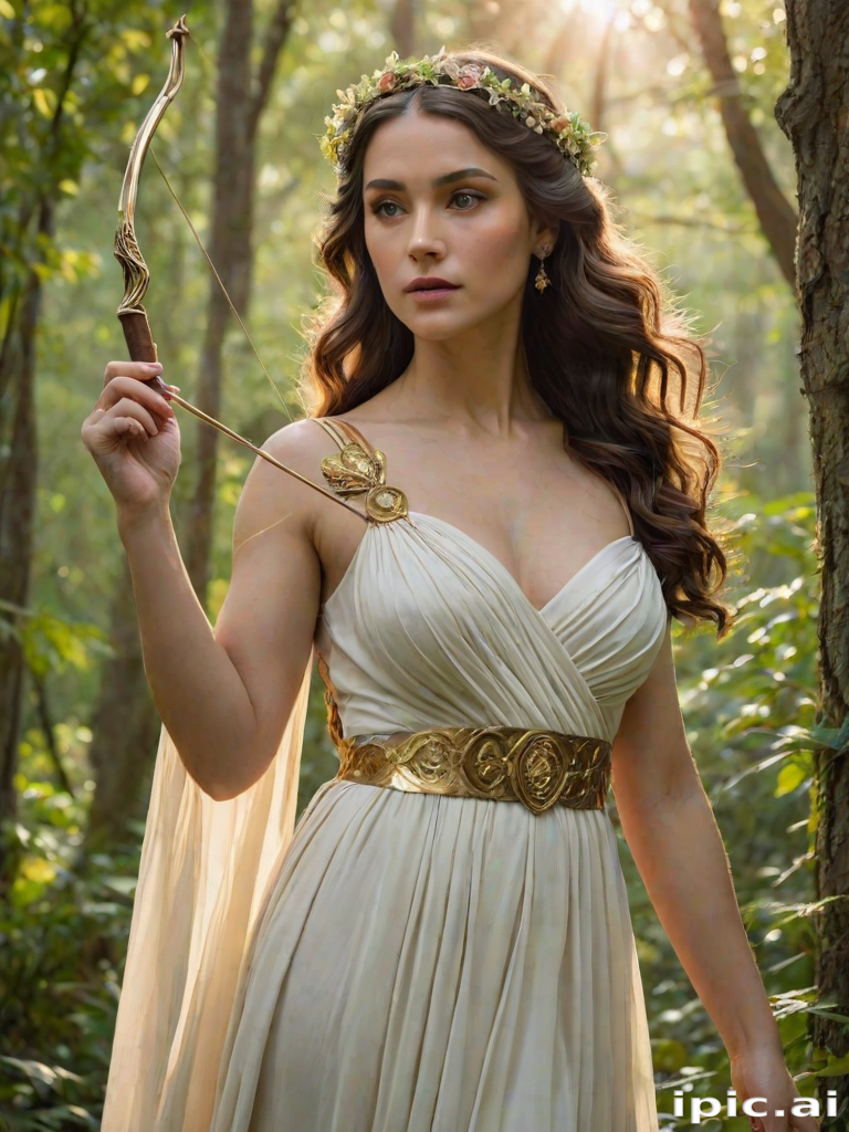 Create a portrait of a goddess-like female figure in a tranquil, forested environment. She has an elegant appearance with long, wavy hair styled in an updo and adorned with a delicate, floral headband. She wears a flowing, ancient Greek-inspired gown in a soft, pale color, featuring a one-shoulder design and draped fabric that accentuates her graceful form. The outfit includes a decorative belt with ornate gold detailing, and she holds a bow in her hand, with a quiver of arrows slung over her shoulder. The background depicts lush greenery, with sunlight filtering through the trees, casting a gentle, ethereal light on the scene. Her expression is calm and contemplative, embodying a sense of wisdom and serenity.