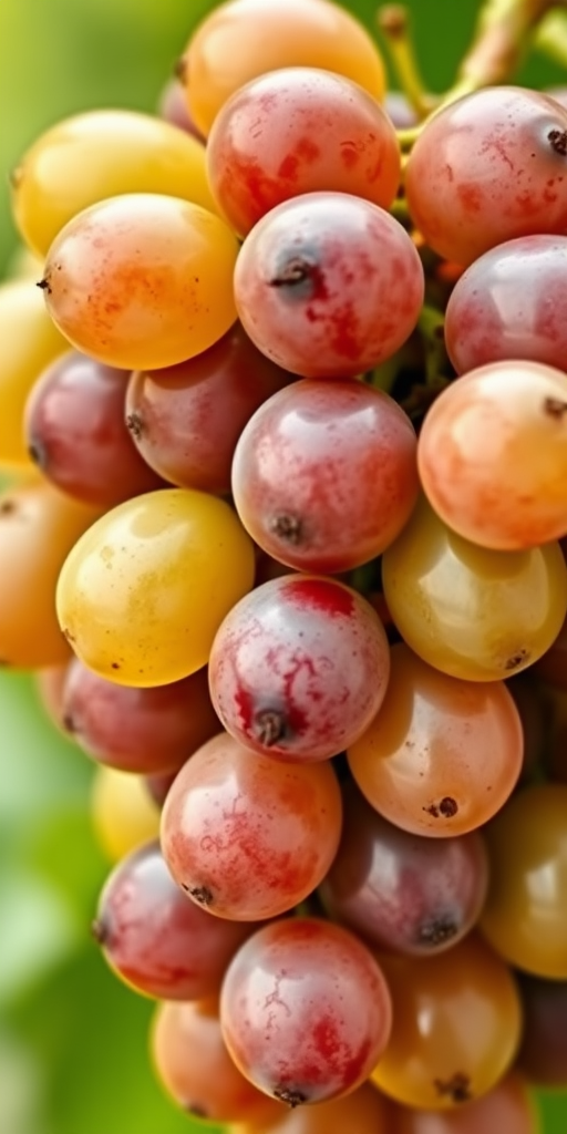 Create a high-resolution digital illustration of a cluster of green grapes with a glossy finish, use a macro lens, set aperture to f/2.8 for a shallow depth of field, adjust ISO to 100 for clarity, and select natural light to enhance color vibrancy.