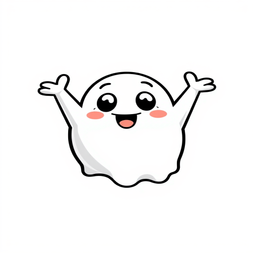 Create a cute cartoon ghost character with a simple design featuring a round body and two small arms raised in excitement the ghost should have a happy expression with wide eyes and a small mouth colored in white with a black outline suitable for a playful and cheerful theme