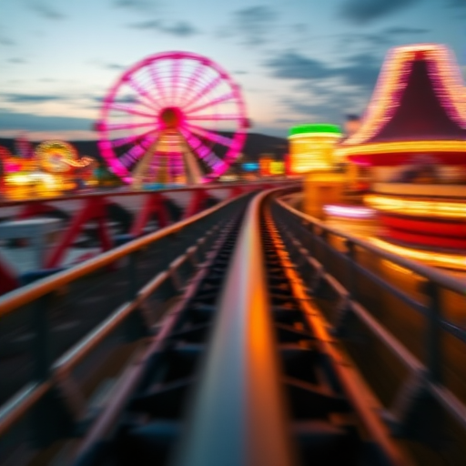 Blurry, fast-paced image of a rollercoaster speeding down a track at an amusement park, colorful lights flashing in the background, the distant sound of excited screams and laughter filling the air, soft shadows cast by the setting sun.