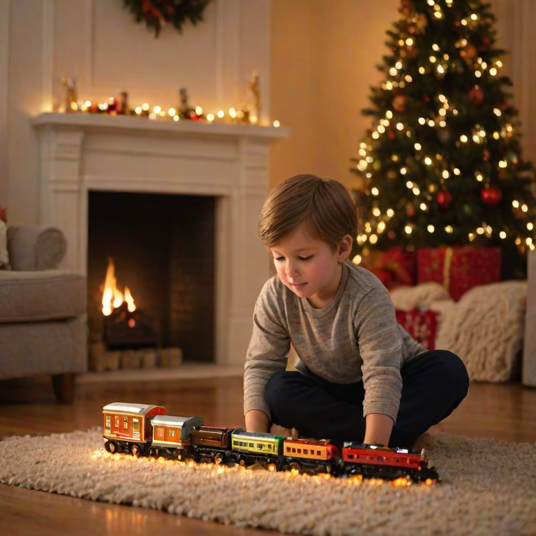 Warmly lit photo of a child playing with a toy train set in a cozy living room, soft golden light from a nearby lamp illuminating their face, with a fireplace and holiday decorations visible in the background.