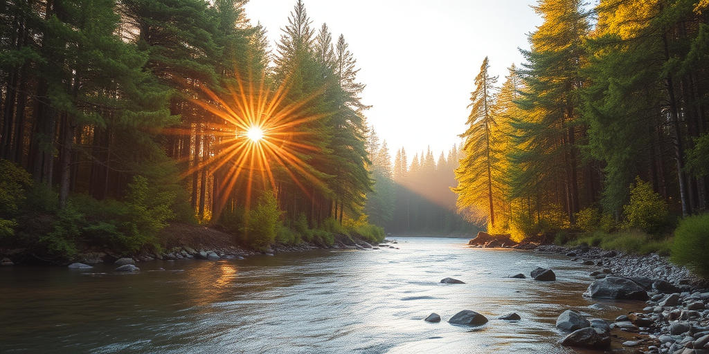 Create an image of a serene, sunlit forest scene with a clear, gently flowing river. Tall trees with lush green foliage line both sides of the river, their leaves bathed in the warm golden light of the setting or rising sun. The sunlight filters through the trees, casting soft, dappled light on the river, which flows over smooth rocks and pebbles, creating a peaceful, natural atmosphere. The sky is bright with a few scattered clouds, and the overall mood is tranquil, evoking a deep sense of connection with nature. The image captures the beauty of a calm, pristine forest landscape at either dawn or dusk.