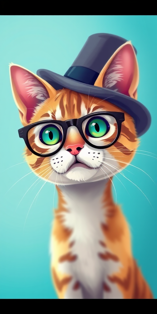 Create a digital illustration of a cat wearing glasses and a stylish hat, use vibrant colors and a playful style, set the camera type to DSLR, camera settings at f/4.0 aperture, ISO 100, 1/250 sec shutter speed, focus sharply on the cat's face with a slight blur in the background to enhance depth of field, ensure a high-resolution output.