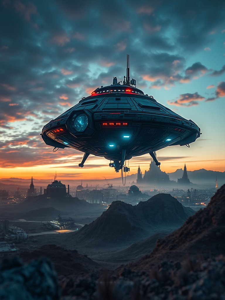 futuristic spaceship hovering over a dystopian landscape at sunset, intricate details and glowing elements, shot with a Canon EOS R5, 24mm lens, f/2.8, ISO 100, HDR style, soft focus for depth enhancement, wide-angle view