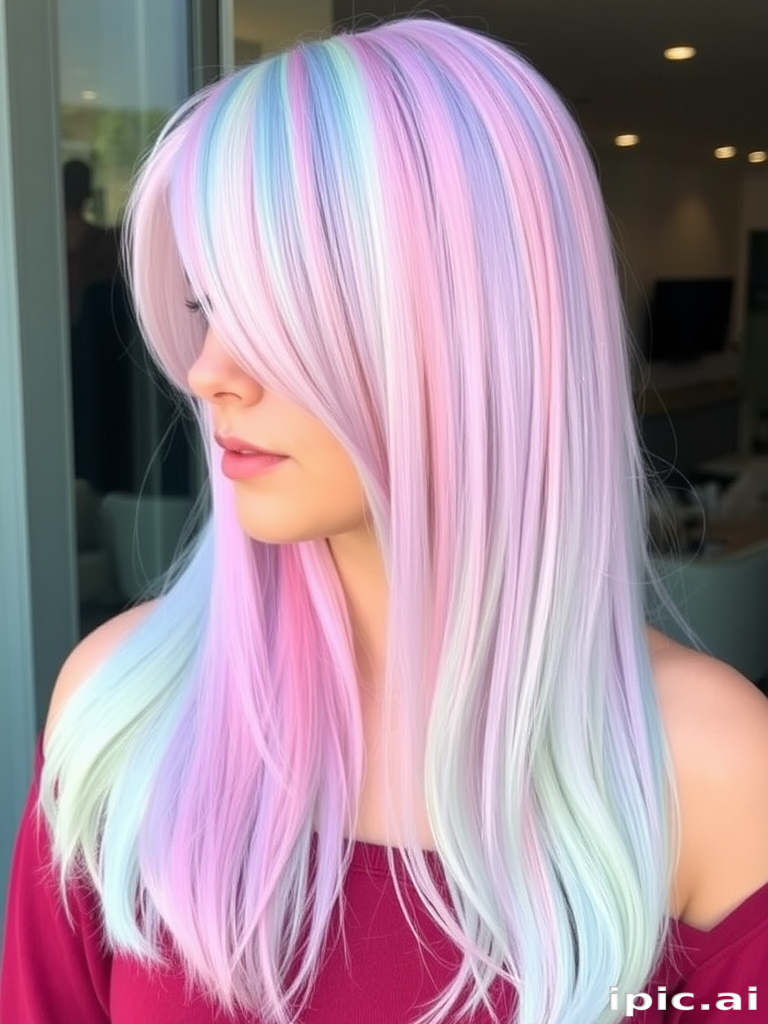 Enchanting pastel rainbow hair in a sleek long bob, designed by Iris Spectrum, displaying a seamless blend of soft pink, lavender, mint green, and baby blue hues with a glass-like shine