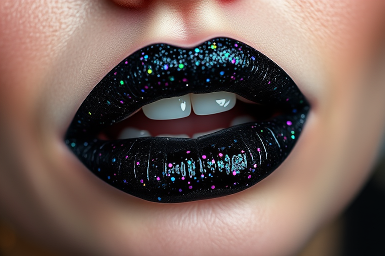 Glittery black lip gloss "Starry Night" packed with multi-colored shimmer particles, perfect for edgy and punk-inspired looks, non-sticky and comfortable formula