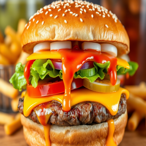 High-resolution, close-up image of a gourmet double cheeseburger. The burger features a glossy, sesame-seed-topped brioche bun. Inside, there are two thick, juicy beef patties, each topped with melted cheddar cheese. The burger is garnished with fresh lettuce, tomato slices, diced onions, and pickles. A generous amount of ketchup and a creamy, orange-colored sauce is dripping down the sides, adding to the mouth-watering appeal. In the background, there are blurred elements including a side of golden French fries and a hint of a beverage, enhancing the overall presentation of a delicious meal.