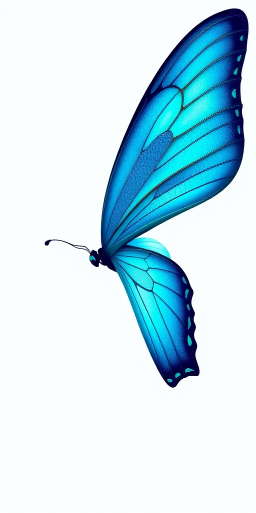 Generate an image of a vibrant blue butterfly with large wings. The butterfly should have intricate patterns and a glossy texture, showcasing shades of blue and hints of green. The background should be plain and light to emphasize the butterfly's colors.