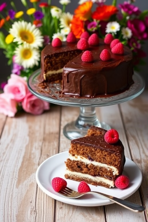 A beautifully decorated chocolate frosted cake on a glass cake stand with a slice on a white plate garnished with fresh raspberries and a fork beside it, set against a background of colorful flowers and a rustic wooden table.