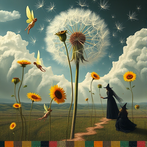 A surreal allegory featuring ethereal fairies, towering sunflowers, and an enigmatic witch, all set within a dreamlike landscape. The scene is dominated by a colossal dandelion, its delicate seeds floating through the air, reminiscent of Yves Tanguy's abstract forms. The environment is a blend of otherworldly elements and natural beauty, with twisted, elongated shapes and surreal colors that evoke a sense of mystery and enchantment.