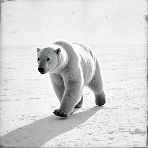 A very old photograph in black and white. The photo is badly damaged, faded, with scratches, tears, smudges and dirt. The photo is ultra-realistic and very detailed. It's a picture of an Arctic warrior. She is walking serenely towards the camera. At her side walks a majestic polar bear. Its fur shines in the sunlight. Snow, ice, sea. wind. snow in the air.