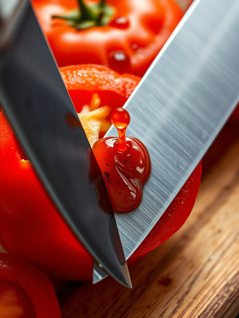 High-resolution close-up of a chef's knife slicing through a ripe tomato, droplets of juice caught mid-air, with the vibrant red of the tomato contrasting against a wooden cutting board.