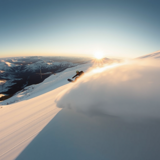 Blurry action shot of a snowboarder carving through fresh powder on a snowy mountain slope, soft light from the setting sun casting long shadows on the snow, distant mountains stretching into the horizon, focus on the movement and energy of the rider.