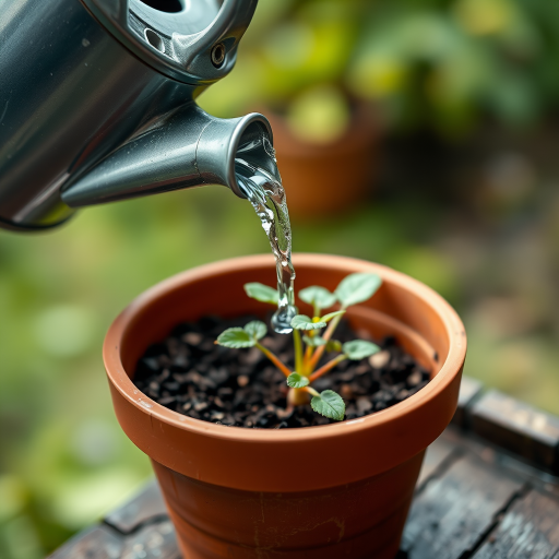 A close-up view of a watering can pouring water onto a small green plant in a terracotta pot, with a blurred natural background, captured using a DSLR camera with a 50mm lens, aperture set to f/2.8, ISO 100, and a shutter speed of 1/200 sec.