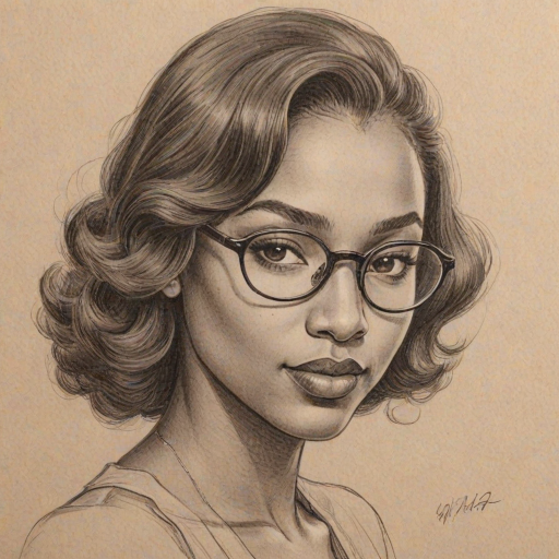 Fetching Normani, pencil sketch, portrait of Bewitching woman 1942s in glasses, hair style beatnik, outline, clear lines, fine lines, 8k