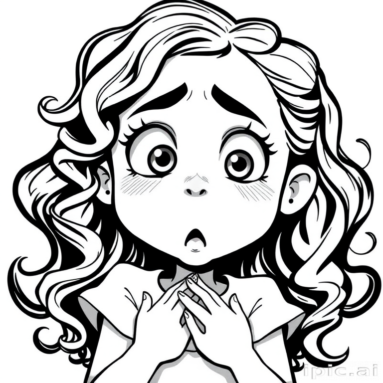 The image is a black and white illustration of a young girl with curly hair. She has a surprised expression on her face with her mouth open and her hands clasped together in front of her chest. Her eyes are wide and her eyebrows are furrowed. Her hair is styled in loose curls that are cascading down her back. The overall mood of the image is one of shock or surprise.