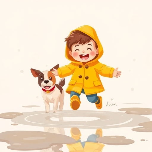 A cheerful child in a yellow raincoat jumping in puddles, accompanied by a playful dog, with a soft pastel background, captured with a DSLR camera at 50mm lens, f/2.8 aperture, ISO 200, natural lighting, in a cartoon style.