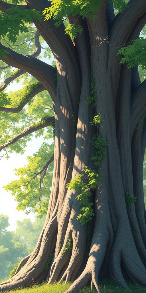 Create a highly detailed illustration of a large tree with a thick trunk and lush green leaves, captured with a DSLR camera at f/8 aperture, 50mm lens, ISO 200, in soft natural lighting, focused with a slight vignette effect for added depth.