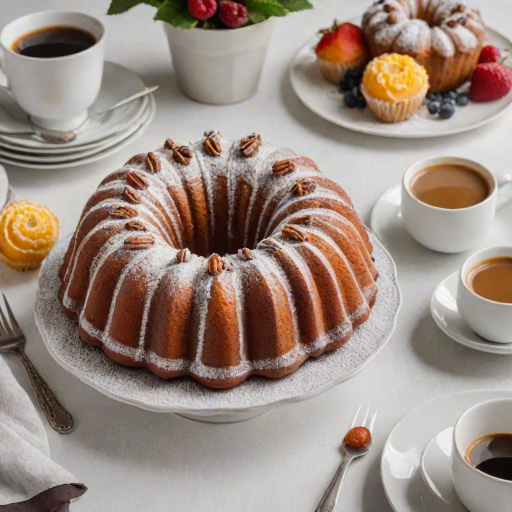 Generate an image of a beautifully arranged bundt cake on a white platter, with several slices cut and displayed. The cake is dusted with powdered sugar, and there is a cup of coffee beside it. Include elegant tableware, such as a fork and a small plate for serving. The background should be simple and light to emphasize the cake.