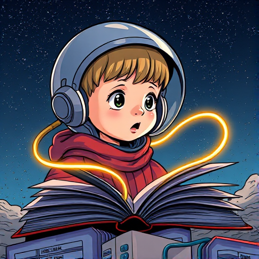 Create a detailed illustration of a young boy in a space helmet connected to an open book with a glowing cable in a starry night sky, using a Canon EOS 5D Mark IV with a 50mm lens, aperture f/1.8, ISO 100, 1/100s, in a vibrant comic style with high contrast and sharp lines.