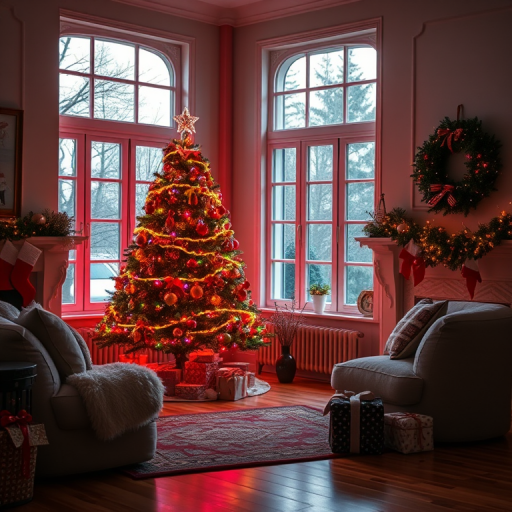Cozy interior of a warmly lit room with wooden flooring decorated for Christmas featuring a beautifully adorned Christmas tree with colorful lights and presents underneath it large windows letting in soft natural light a comfortable seating area with plush cushions and a festive wreath hanging on the wall