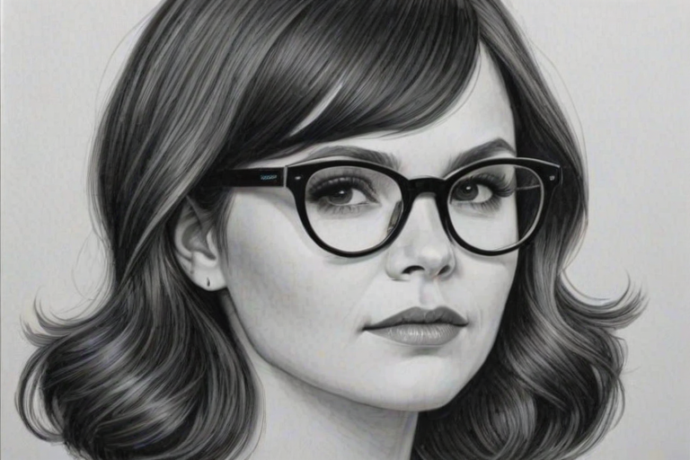 Magnificent Ginnifer Goodwin, pencil sketch, portrait of Captivating woman 1968s in glasses, hair style beatnik, outline, clear lines, fine lines, 8k