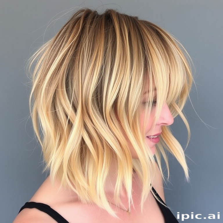 Warm honey blonde hair cut into a shaggy, layered lob with curtain bangs embodies the effortlessly cool "Sun-Kissed Surfer" style, featuring natural-looking balayage highlights in shades of pale gold and wheat that create movement and texture, evoking a carefree and beachy vibe