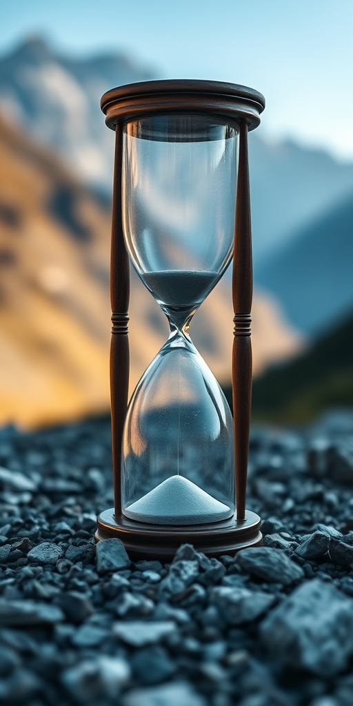 an hourglass on a rocky surface with a blurred mountain background, captured with a DSLR camera at f/2.8, 1/200 sec, ISO 100, 50mm lens, focused on the hourglass, natural light to enhance details and contrast
