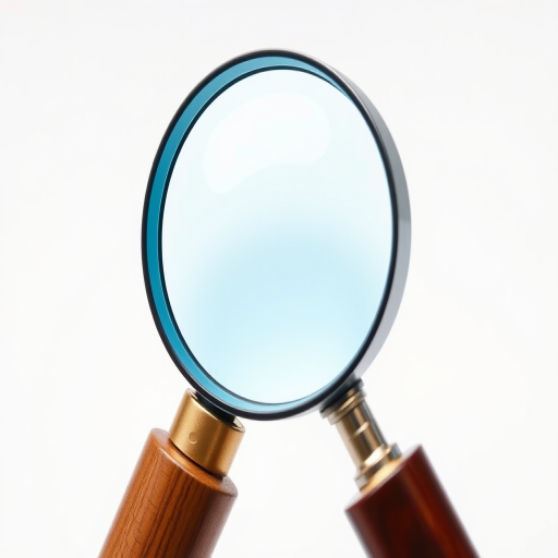 Create a high-resolution image of a magnifying glass with a clear blue lens and a wooden handle, shot with a Canon EOS 5D Mark IV at f/2.8, ISO 100, 50mm lens, in a studio lighting setup with a white background.