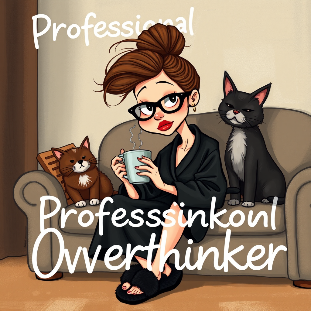 The words ‘Professional Overthinker’ (exact spelling) An exaggerated whimsical illustration of a cute silly lady with unruly messy brown bun and black glasses pouty lips and a thinking expression. Shes sitting on the couch, legs folded wearing a black silk robe, black fuzzy slippers. She’s holding her coffee cup and making a deep-in-thought face.  A quirky scruffy cat (dog) looking at her against a mottled, oil painting style soft background living room setting.