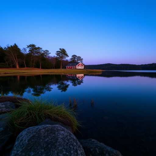 Capture a serene lakeside scene at dusk with a small house reflecting on calm waters, using a DSLR camera with a 24mm lens, ISO 200, f/8 aperture, and a shutter speed of 1/125 sec, taking the shot from a low angle to emphasize the reflection and surrounding trees.