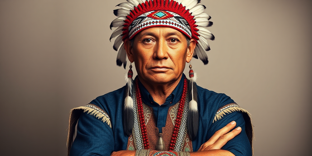 Create a dignified portrait of a Native American man dressed in traditional attire. He wears a beautifully crafted headdress adorned with white feathers and red beads, along with a beaded headband featuring intricate patterns. His clothing includes a deep blue, patterned shirt and a traditional chest piece with detailed beadwork. His arms are crossed, displaying leather armbands decorated with feathers. The background is simple and neutral, emphasizing his proud and stoic expression. The overall image captures the rich cultural heritage and strength of his persona.
