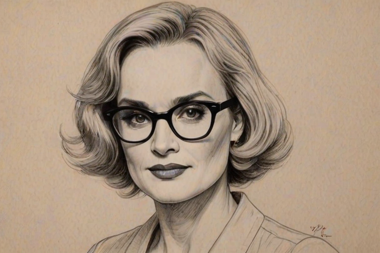Comely Jessica Lange, pencil sketch, portrait of Ravishing woman 1922s in glasses, hair style beatnik, outline, clear lines, fine lines, 8k