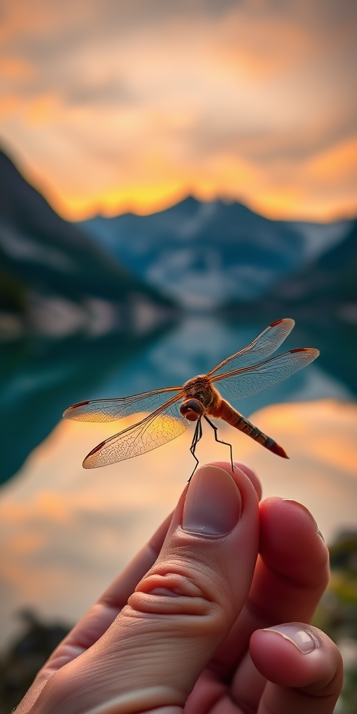A person holding a detailed dragonfly in front of a serene lake surrounded by mountains during sunrise, shot with a DSLR camera at f/2.8, 1/200 sec, ISO 100, with a macro lens for enhanced detail, in vibrant color with a focus on the dragonfly and a softly blurred background for depth.