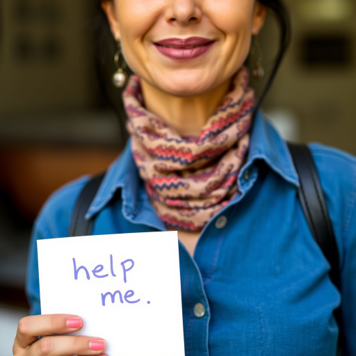 woman holding a note which says "help me"