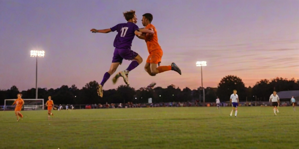 Blurry action shot, soccer field at dusk, two players mid-jump, both reaching for the ball, dirt kicking up beneath their feet, stadium lights starting to flicker on, spectators in the background, sky painted in deep oranges and purples, grass worn down from a hard-fought game.