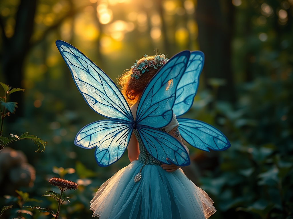 Create a magical scene featuring a fairy with delicate blue wings and intricate floral attire, surrounded by a lush forest background with soft, ethereal lighting, taken with a Canon EOS R5, 50mm lens, f/1.8 aperture, ISO 100, at golden hour to enhance colors and depth of field.