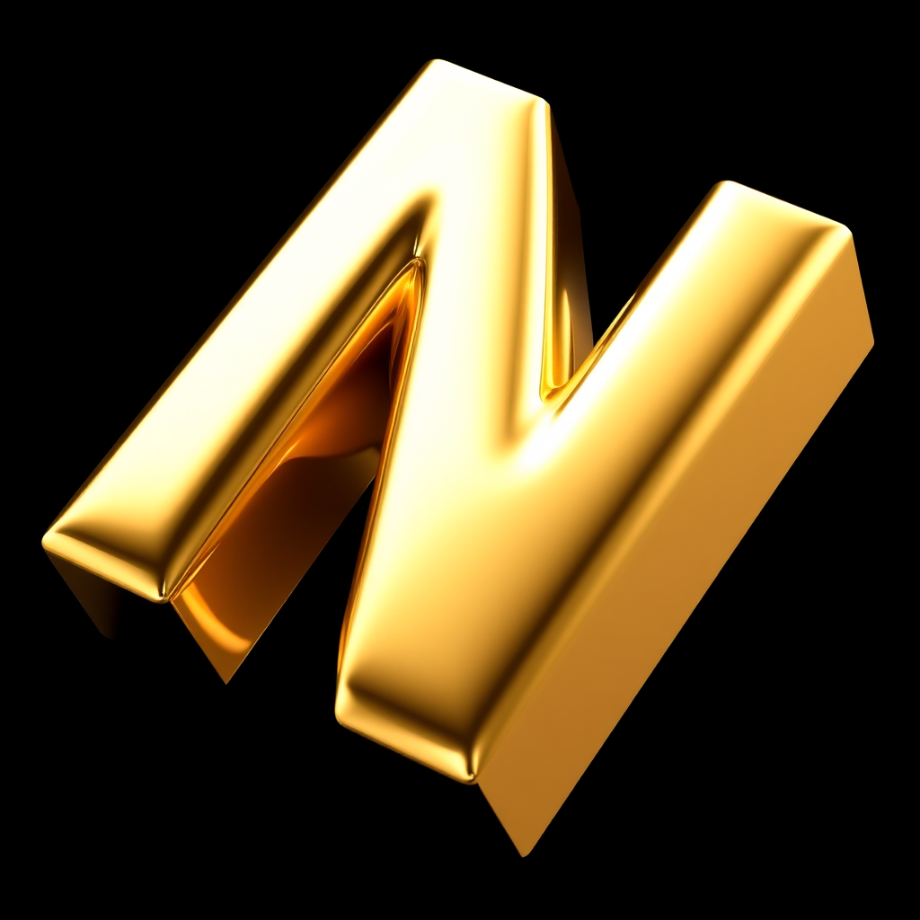 Create a high-resolution 3D rendering of a shiny gold letter "N" with soft reflections, ISO 100, f/2.8 aperture, 50mm focal length, studio lighting, shot in a macro view using a DSLR camera.